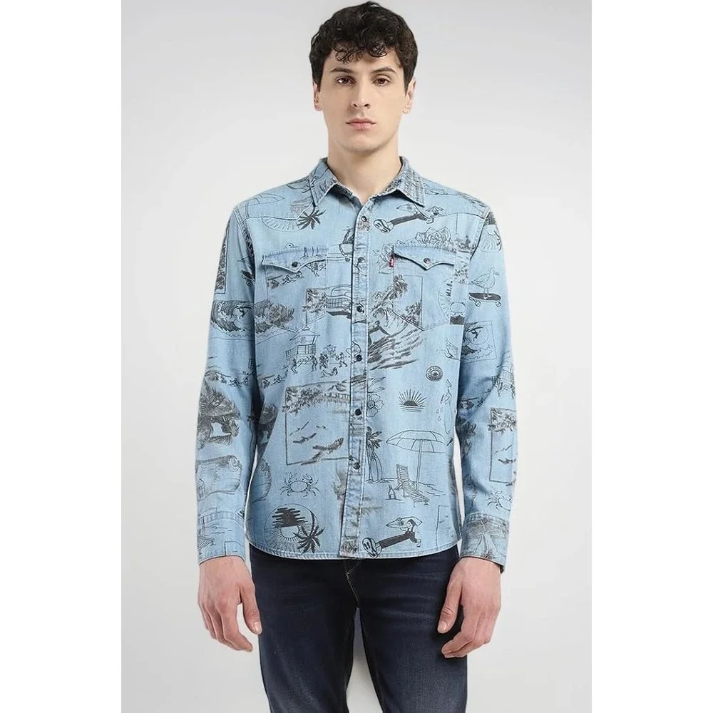 Levis Mens The Western Standard Fit‎ Denim Shirt Blue Beach Surf Print XL NWT